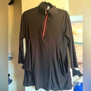 Elegant Quarter Zip Black Tunic with Red Zipper and flowy pockets